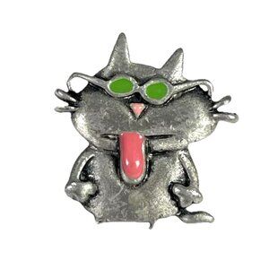 Sassy Cat Sunglasses Stick Tongue Out Vintage Tiny Pewter Pin J Benton Brooch